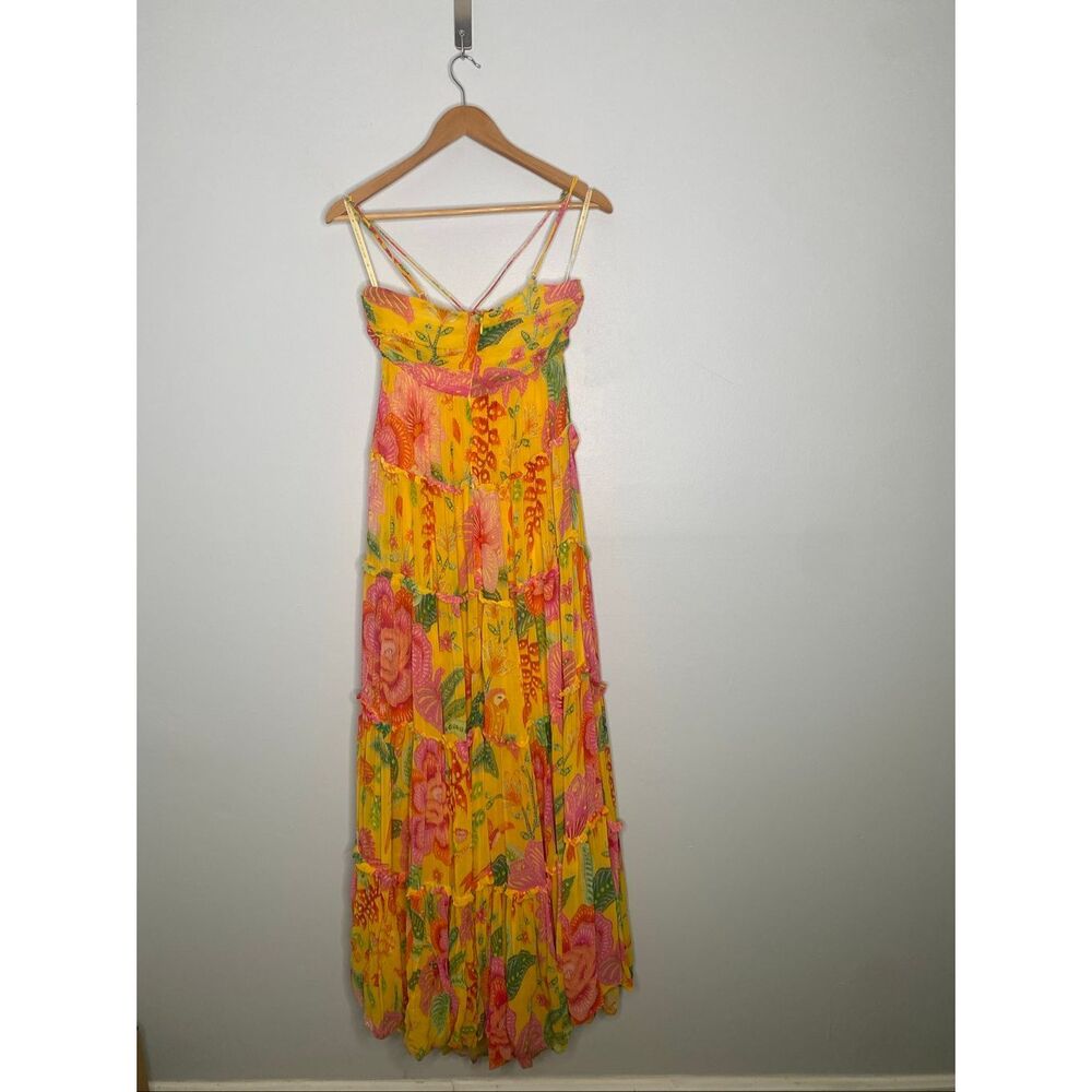 Farm Rio Macaw Bloom Tiered Maxi Dress Yellow Floral XS - Picture 6 of 16